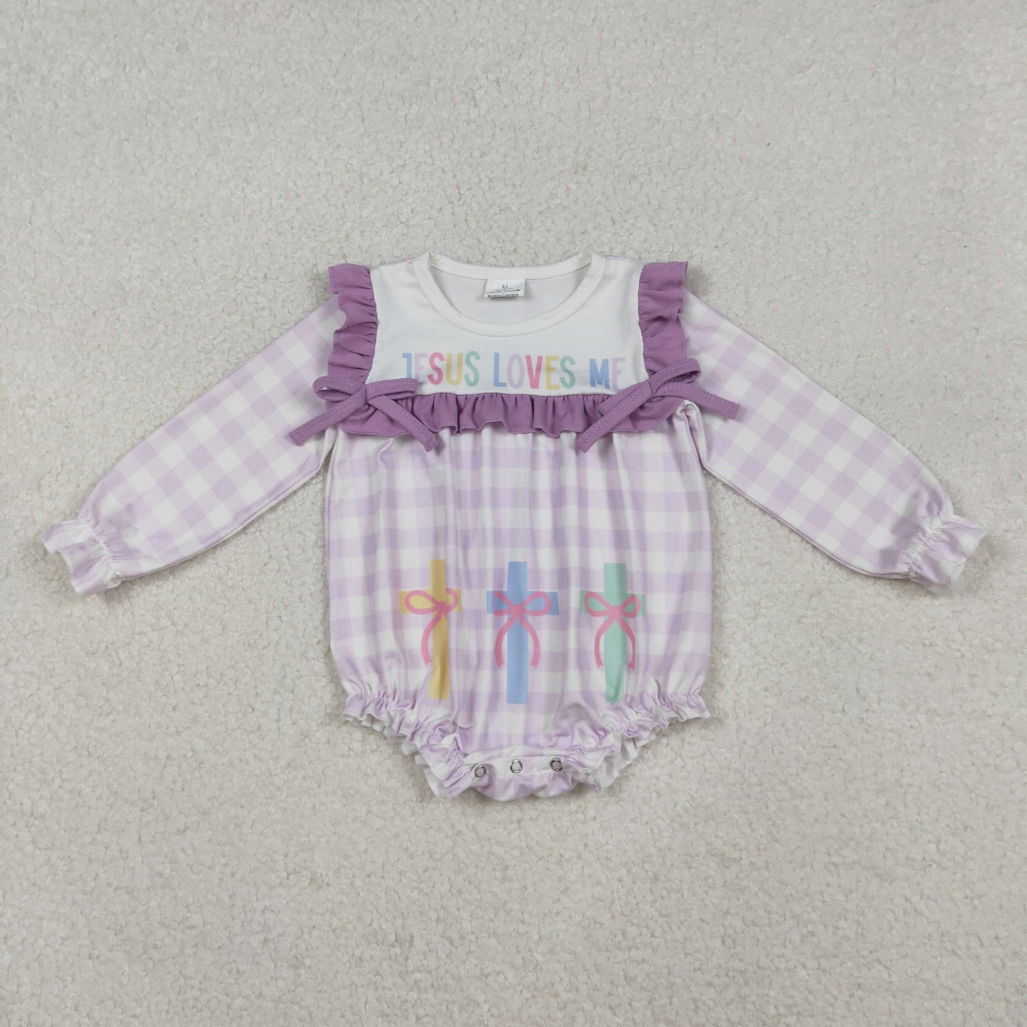 LR2740 Baby Girls Lavender Checked Jesus Love Me Cross Ruffle Romper C10.16