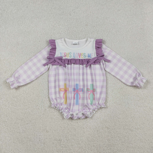 LR2740 Baby Girls Lavender Checked Jesus Love Me Cross Ruffle Romper C10.16