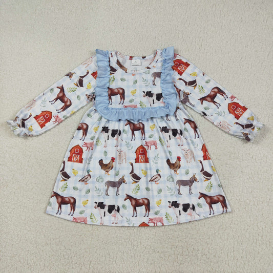 GLD1171 Baby Girls Long Ruffle Sleeves Houses Chicks Farm Knee Length Dress 7.28