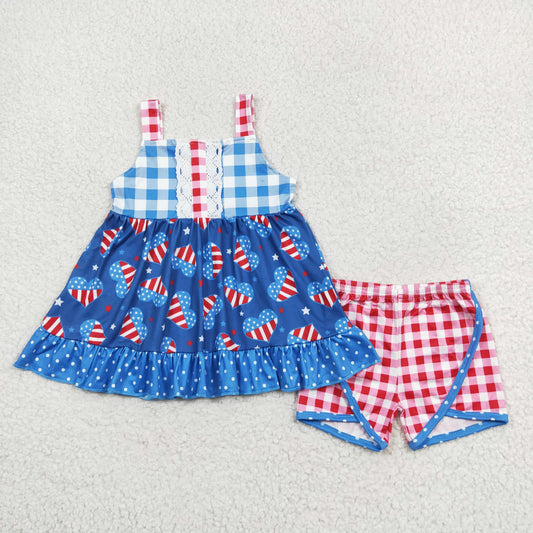 GSSO1294 4th of July National Day Love polka dot plaid sleeveless shorts set