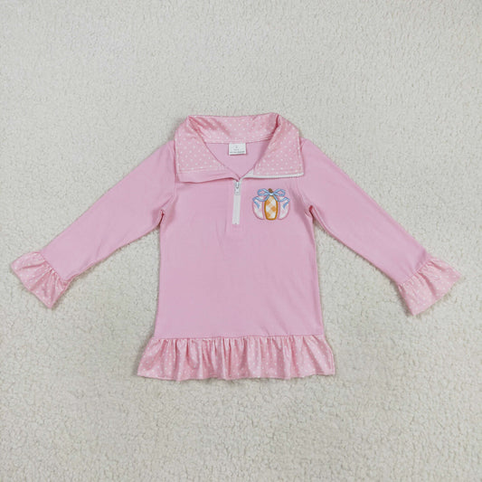GT1112 Embroidery Baby Girls Khaki Pink Long Ruffle Sleeves Pumpkins Zipper Pullover Top C8.20