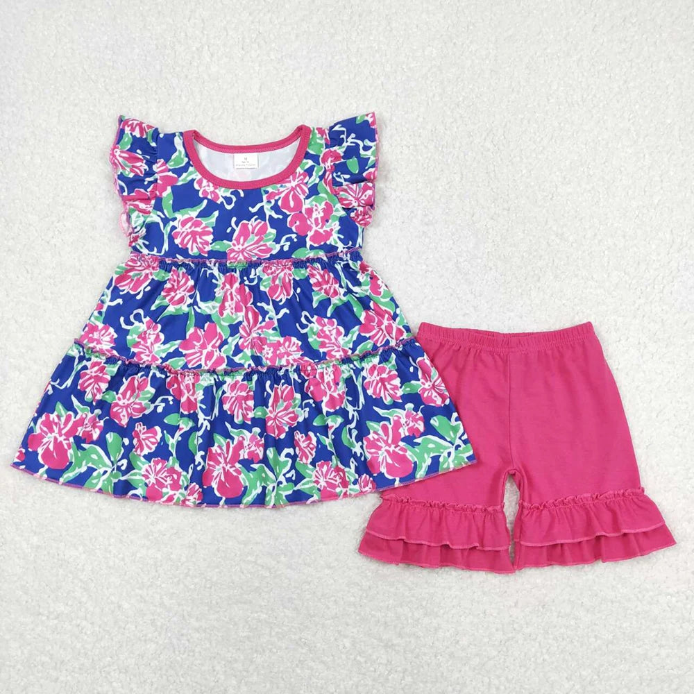 Sibling Baby Girls Flowers Tunic Shorts Summer Clothes Sets