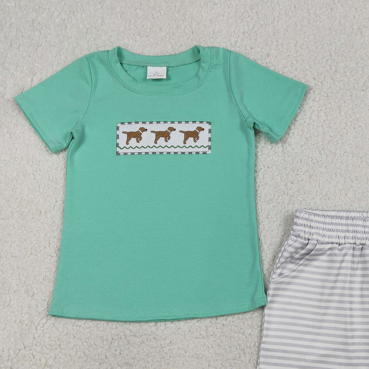RTS BSSO1688 Embroidery Dogs Baby Boys Top Stripe Pockets Shorts Hunting Clothes Sets