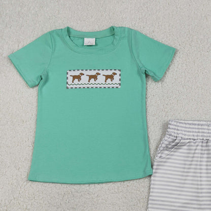 RTS BSSO1688 Embroidery Dogs Baby Boys Top Stripe Pockets Shorts Hunting Clothes Sets