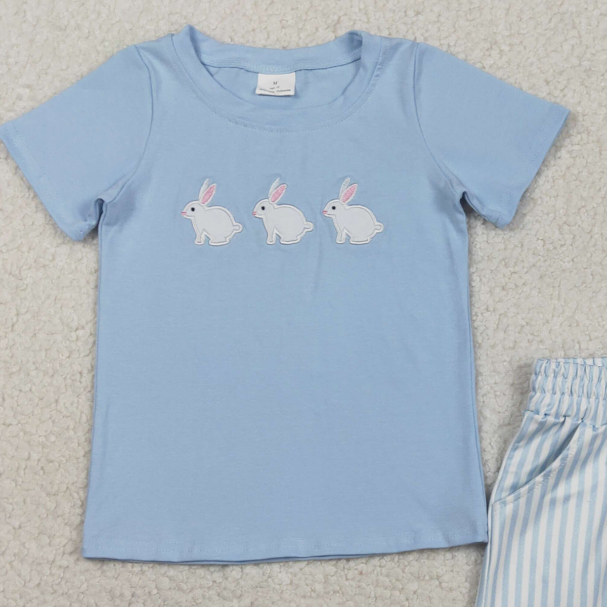 RTS BSSO1560 Embroidery Rabbits Baby Boys Top Stripe Pockets Shorts Easter Clothes Sets
