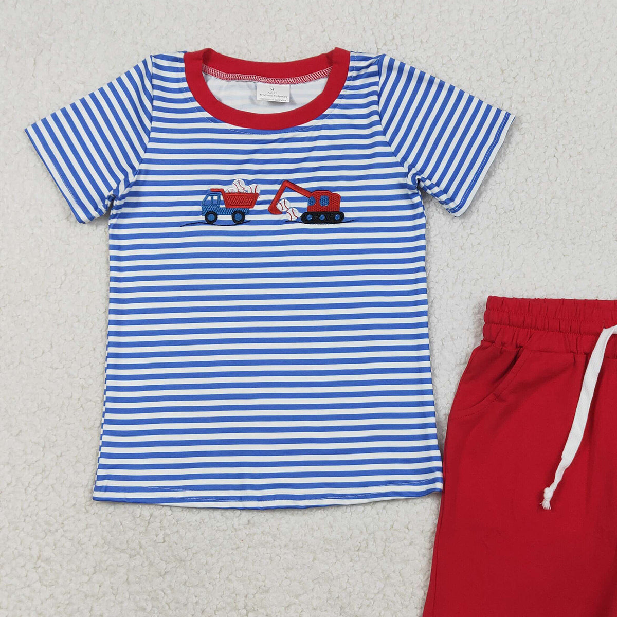 RTS BSSO1671 Embroidery Baseballs Trucks Baby Boys Stripe Top Pockets Shorts Team Clothes Sets