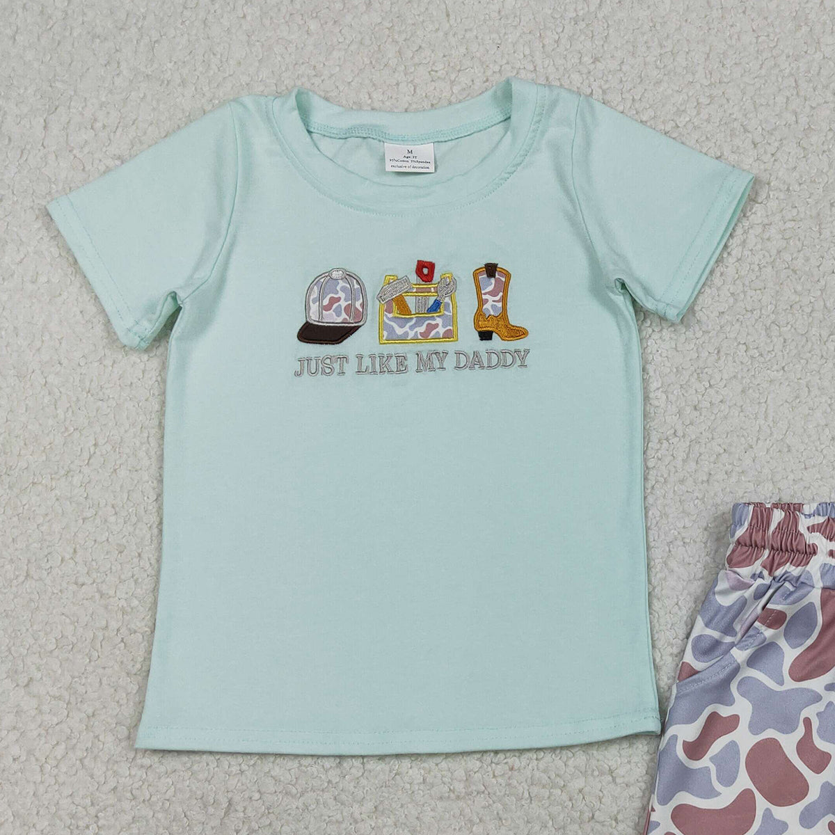 RTS BSSO1710 Embroidery Just Like My Daddy Baby Boys Top Camo Pockets Shorts Clothes Sets