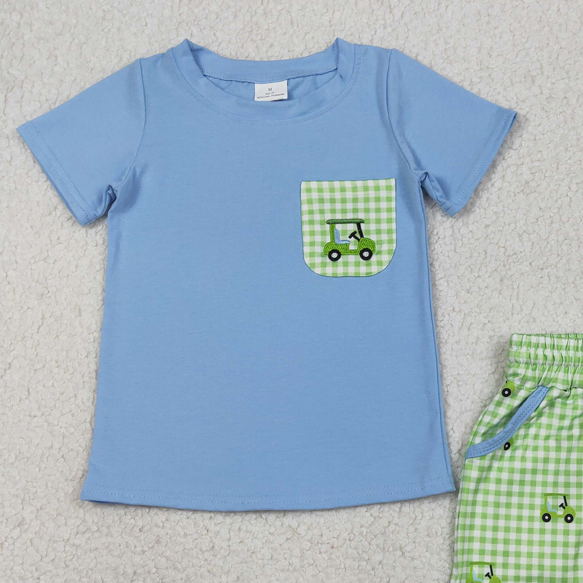 RTS BSSO1672 Embroidery Golf Trucks Baby Boys Pockets Top Checked Shorts Clothes Sets