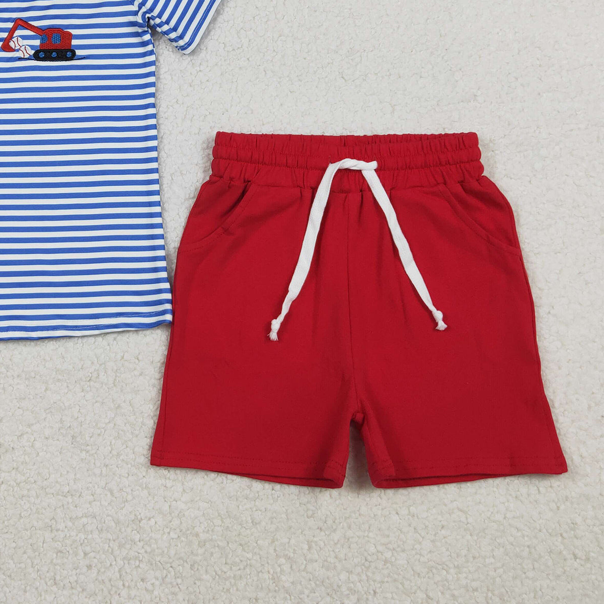 RTS BSSO1671 Embroidery Baseballs Trucks Baby Boys Stripe Top Pockets Shorts Team Clothes Sets