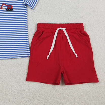RTS BSSO1671 Embroidery Baseballs Trucks Baby Boys Stripe Top Pockets Shorts Team Clothes Sets