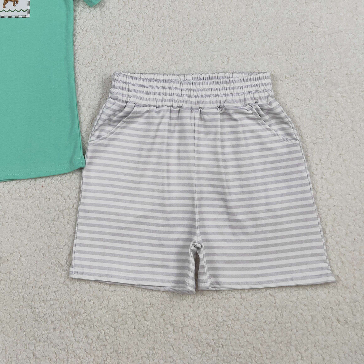 RTS BSSO1688 Embroidery Dogs Baby Boys Top Stripe Pockets Shorts Hunting Clothes Sets