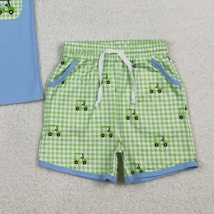 RTS BSSO1672 Embroidery Golf Trucks Baby Boys Pockets Top Checked Shorts Clothes Sets