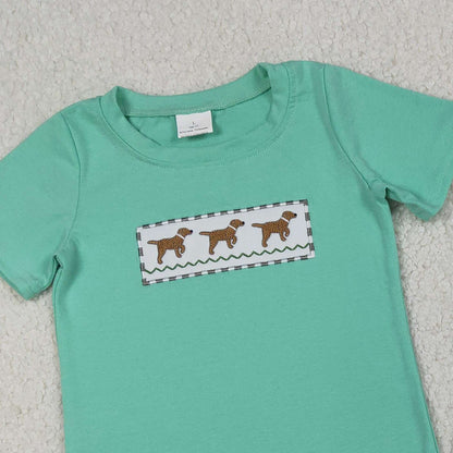 RTS BSSO1688 Embroidery Dogs Baby Boys Top Stripe Pockets Shorts Hunting Clothes Sets