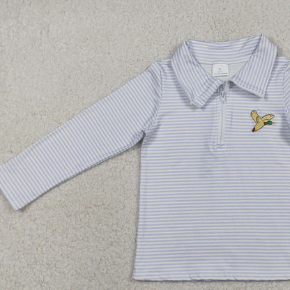 RTS BT1638 Embroidery Ducks Baby Boys Grey Stripe Hunting Zip Pullovers Top