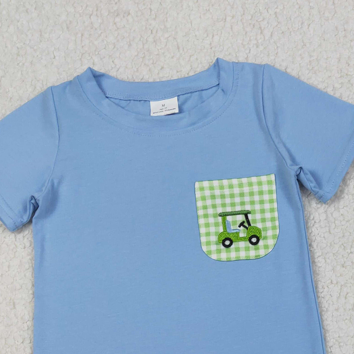 RTS BSSO1672 Embroidery Golf Trucks Baby Boys Pockets Top Checked Shorts Clothes Sets