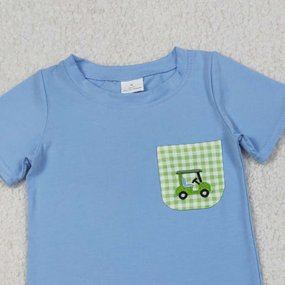RTS BSSO1672 Embroidery Golf Trucks Baby Boys Pockets Top Checked Shorts Clothes Sets