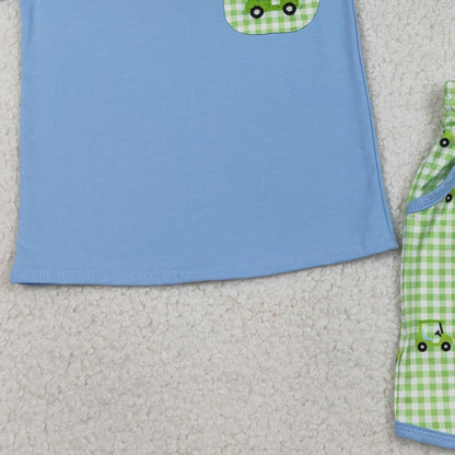 RTS BSSO1672 Embroidery Golf Trucks Baby Boys Pockets Top Checked Shorts Clothes Sets