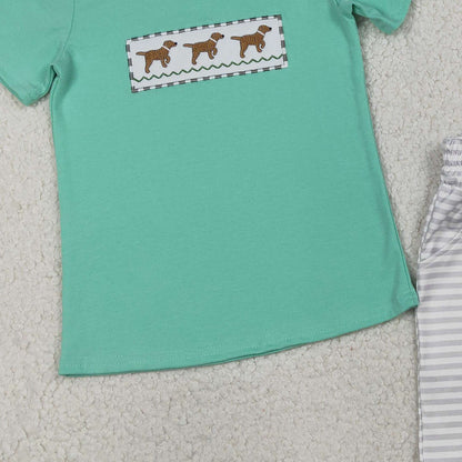 RTS BSSO1688 Embroidery Dogs Baby Boys Top Stripe Pockets Shorts Hunting Clothes Sets