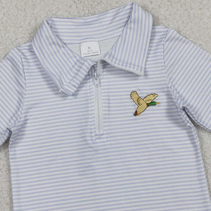RTS BT1638 Embroidery Ducks Baby Boys Grey Stripe Hunting Zip Pullovers Top