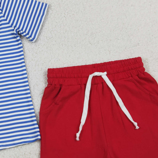 RTS BSSO1671 Embroidery Baseballs Trucks Baby Boys Stripe Top Pockets Shorts Team Clothes Sets