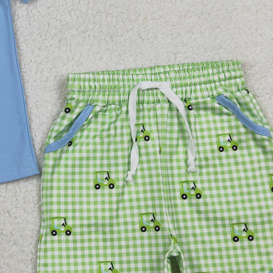 RTS BSSO1672 Embroidery Golf Trucks Baby Boys Pockets Top Checked Shorts Clothes Sets