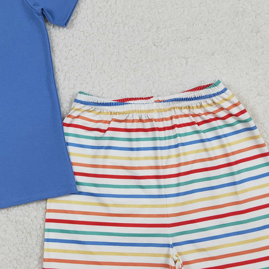 RTS BSSO1754 Baby Boys Summer Clothes Embroidery Boats Baby Boys Blue Shirt Top Stripe Shorts Clothes Set