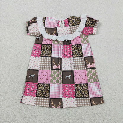 RTS GSD3484 Smocked Daddy's Girls Deer Dogs Bows Checked Hunting Knee Length Dresses