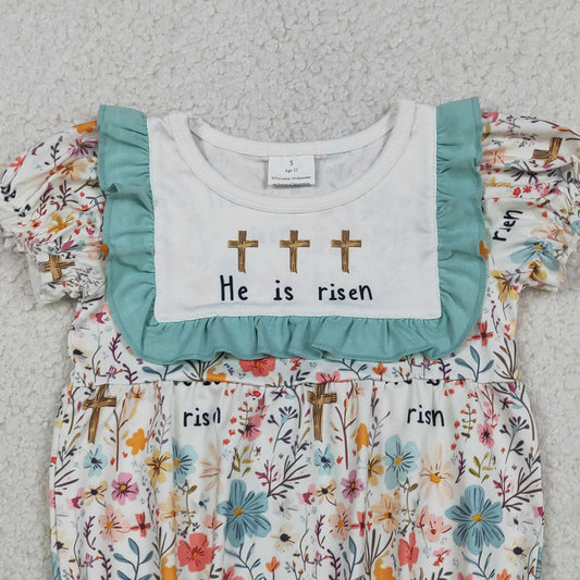 RTS SR3861 Baby Girls Crosses He is Risen Flowers Easter Ruffle Rompers