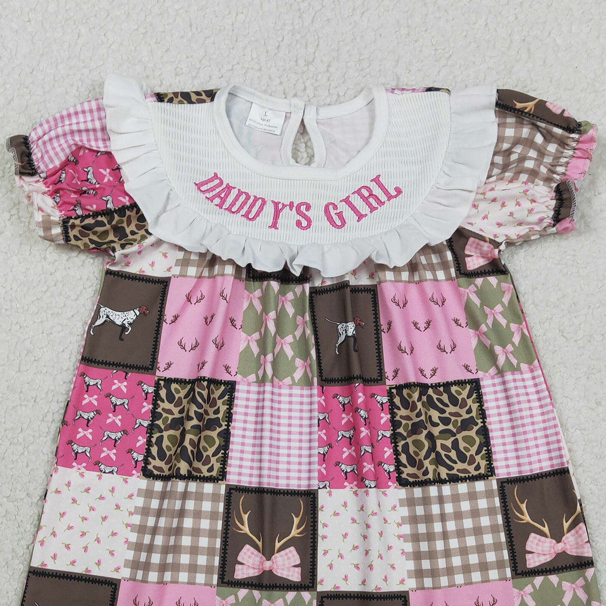 RTS GSD3484 Smocked Daddy's Girls Deer Dogs Bows Checked Hunting Knee Length Dresses