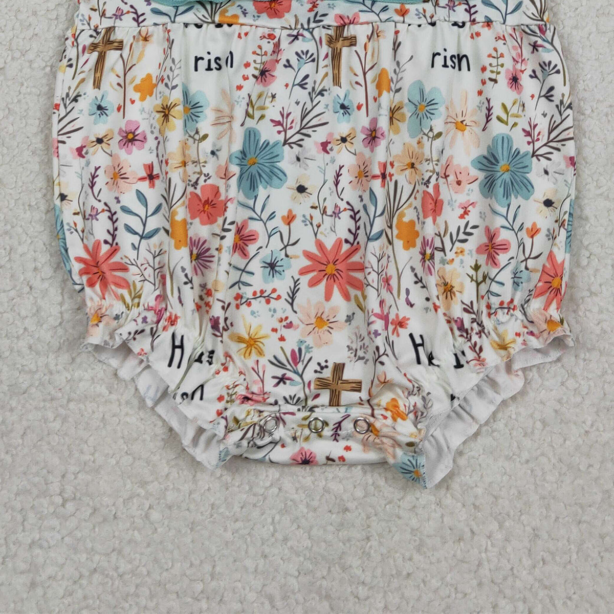 RTS SR3861 Baby Girls Crosses He is Risen Flowers Easter Ruffle Rompers