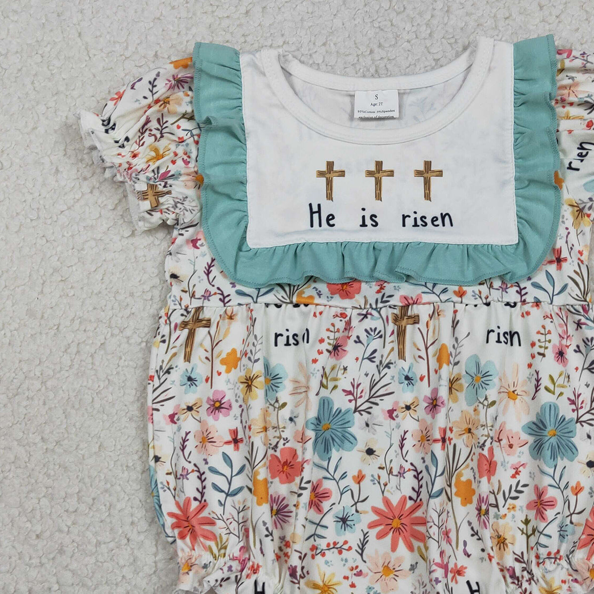 RTS SR3861 Baby Girls Crosses He is Risen Flowers Easter Ruffle Rompers