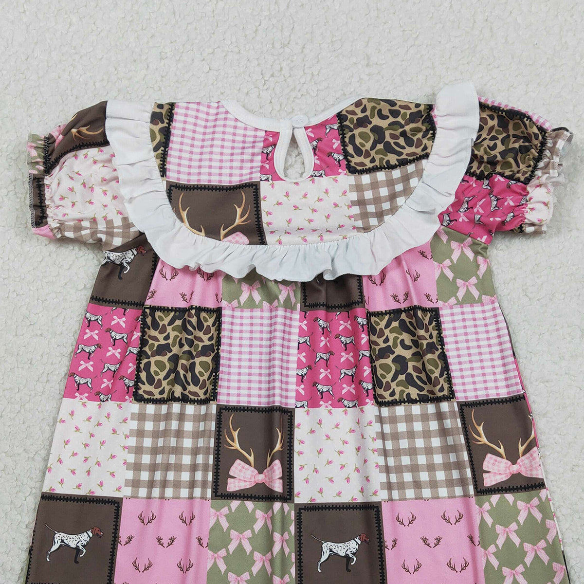 RTS GSD3484 Smocked Daddy's Girls Deer Dogs Bows Checked Hunting Knee Length Dresses