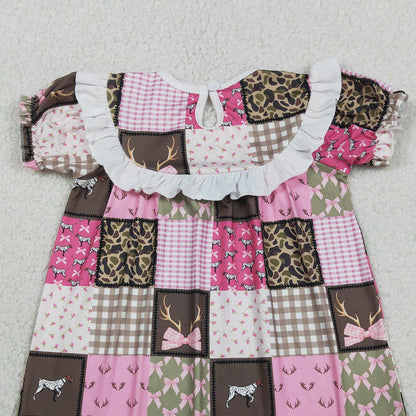 RTS GSD3484 Smocked Daddy's Girls Deer Dogs Bows Checked Hunting Knee Length Dresses