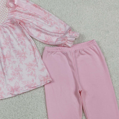 RTS GLP3285 Embroidery Checked Baby Girls Pink Flowers Tunic Legging Pants Clothes Sets