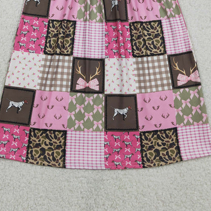 RTS GSD3484 Smocked Daddy's Girls Deer Dogs Bows Checked Hunting Knee Length Dresses