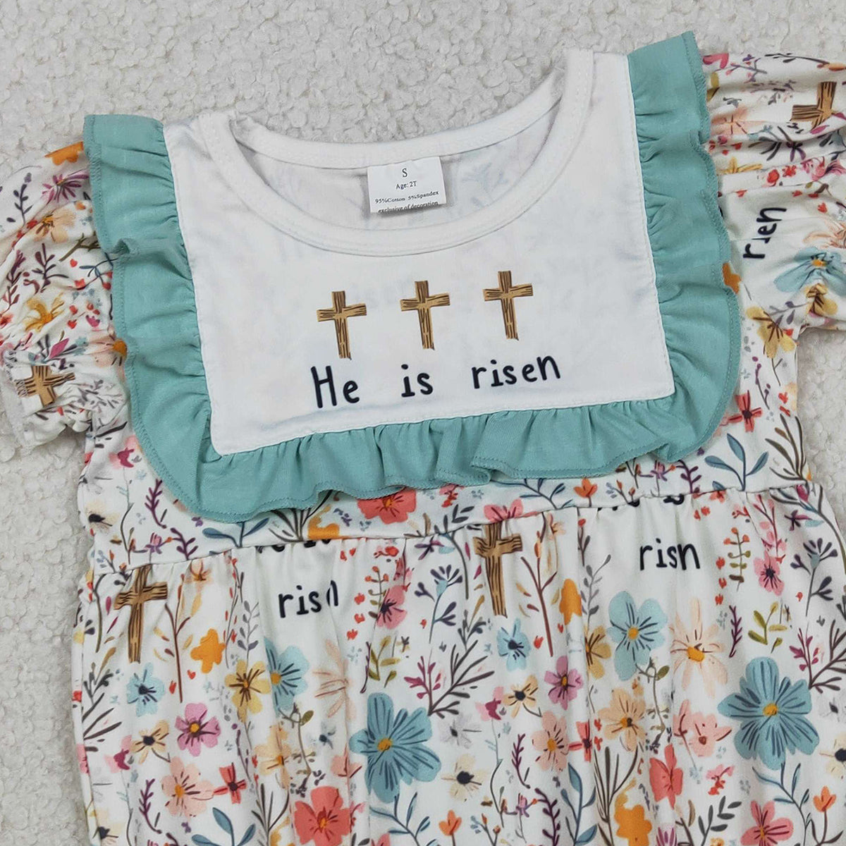 RTS SR3861 Baby Girls Crosses He is Risen Flowers Easter Ruffle Rompers
