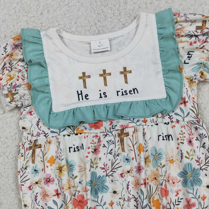 RTS SR3861 Baby Girls Crosses He is Risen Flowers Easter Ruffle Rompers