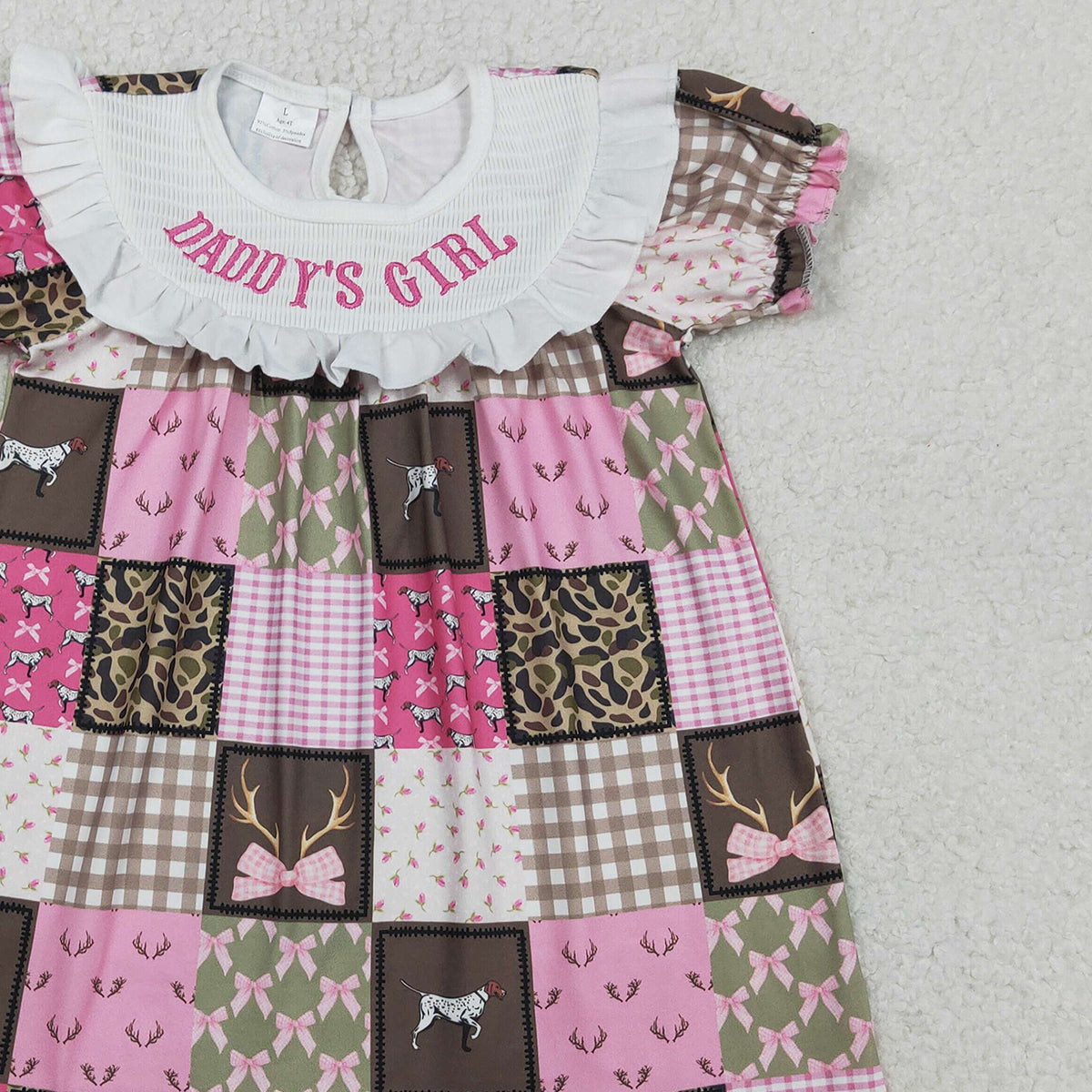 RTS GSD3484 Smocked Daddy's Girls Deer Dogs Bows Checked Hunting Knee Length Dresses