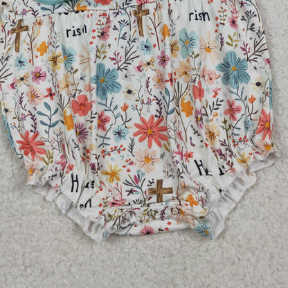 RTS SR3861 Baby Girls Crosses He is Risen Flowers Easter Ruffle Rompers