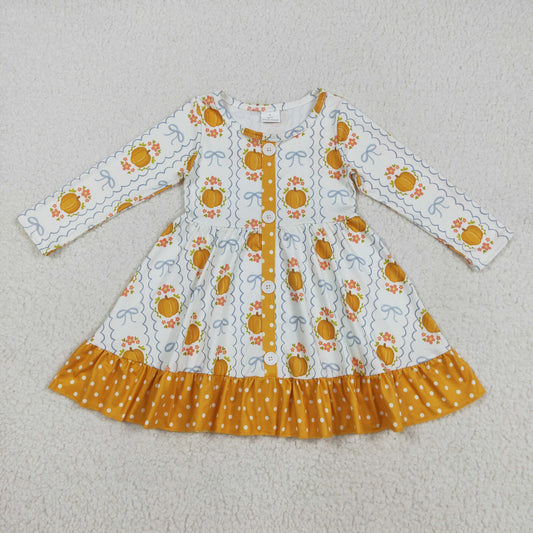 GLD1111 Baby Girls Long Sleeves Pumpkins Bows Plaid Button Ruffle Knee Length Dress 7.31