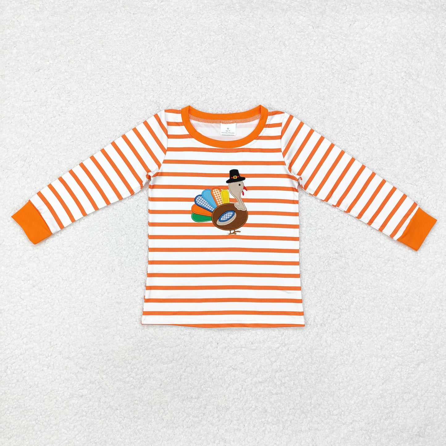 BT0816 Baby Boys Thanksgiving Embroidery Turkey Stripes Long Sleeve Tee Shirts Top