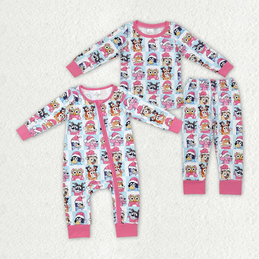 Sibling Baby Girls Christmas Dogs Pink Rompers Pajamas