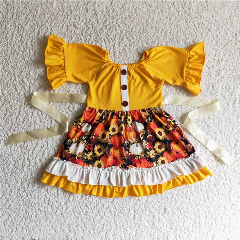 GSD0144 Baby girls fall pumpkin belt floral dress