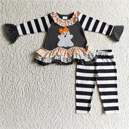 Sibling Baby Girls Black Stripe Embroidery Ghost Tunic Leggings Pants Halloween Clothes Sets Rompers C9.18