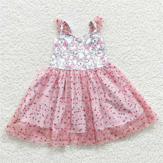 RTS GSD0360 Baby Girls Cat Pink Knee-Length Dresses Cute Animal Print Cotton Blend Skirt for Little Girls