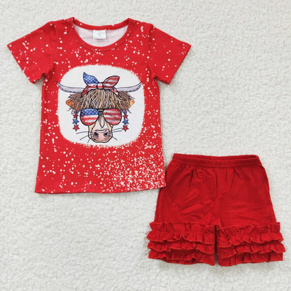 Sibling Baby Girls Western 4th Of July Cow Icing Shorts Clothes Sets 5.27