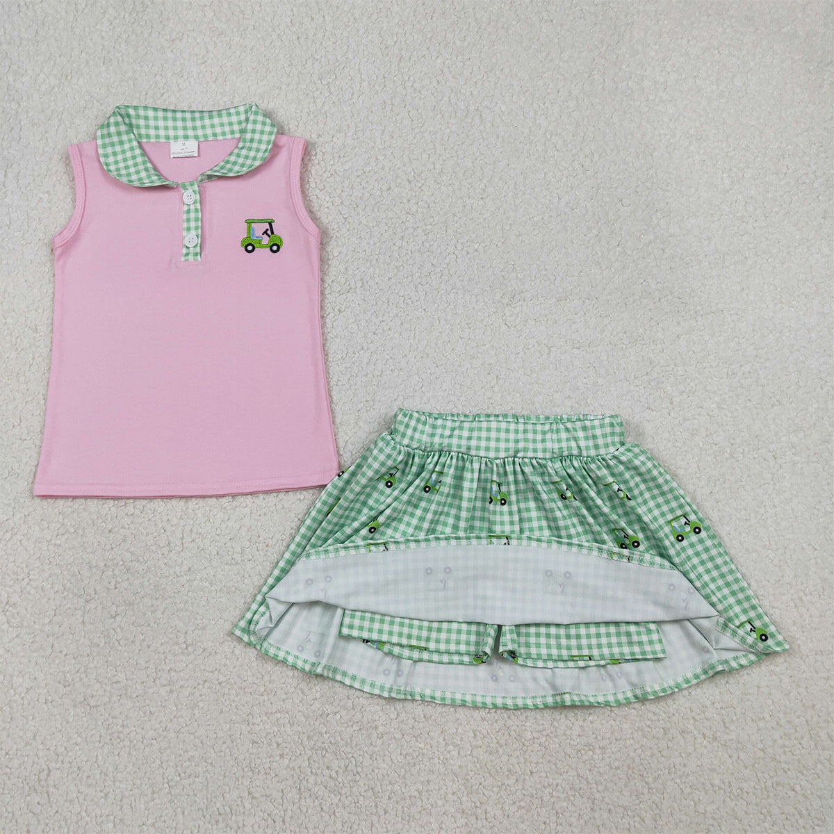RTS GSD3120 Embroidery Golf Trucks Baby Girls Button Top Checked Skirt Shorts Clothes Sets