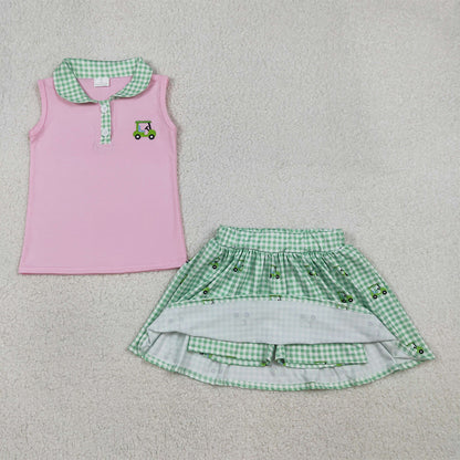 RTS GSD3120 Embroidery Golf Trucks Baby Girls Button Top Checked Skirt Shorts Clothes Sets