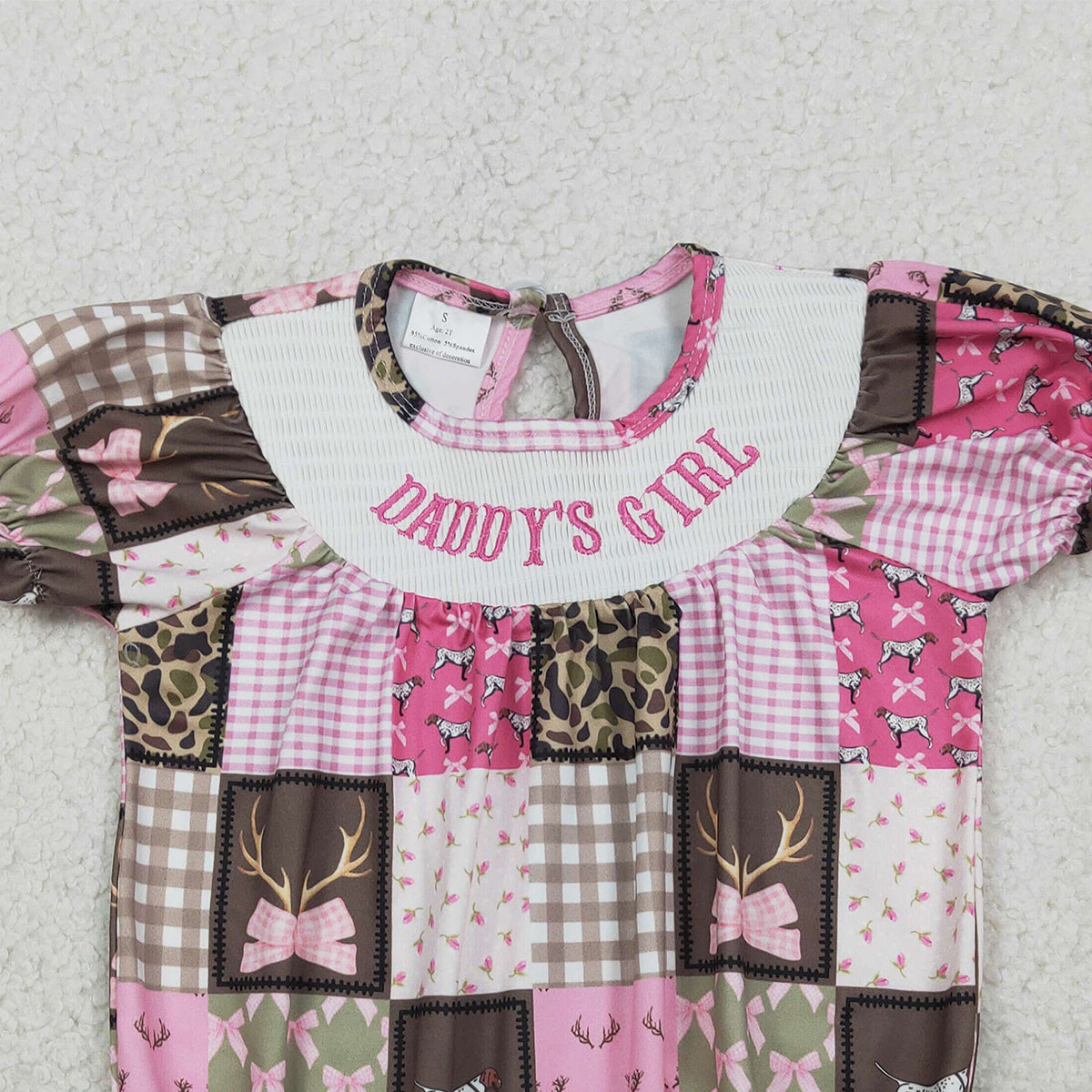 RTS SR3778 Smocked Daddy's Girl Baby Girls Deer Camo Checked Hunting Ruffle Rompers
