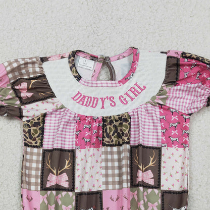 RTS SR3778 Smocked Daddy's Girl Baby Girls Deer Camo Checked Hunting Ruffle Rompers